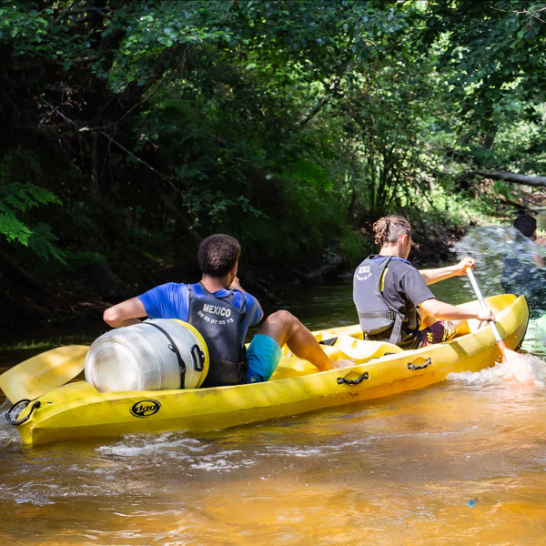 Deux hommes font du canoë sur une rivière arborée