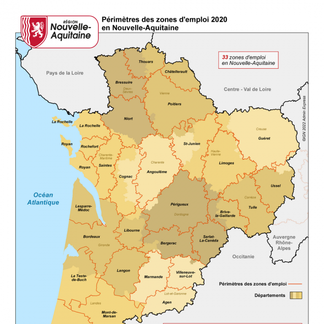 Carte des Zones d'emploi en NouvelleAquitaine Territoires en